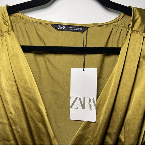 NWT- Zara Women's olive green dark mustard yellow satin like maxi wrap dress S - Picture 4 of 9